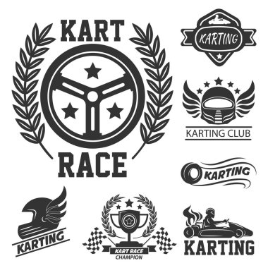 Karting kulübü grafik logosu. Kart yarışçısı, go-kart ile aşırı motor sporu yol yarışı. Güvenlik kaskı, kanatlar, yıldızlar, direksiyon, kupa ve defne. Beyaz üzerine siyah vektör illüstrasyonu.