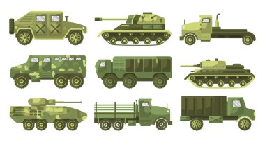 Tanklar, zırhlı araçlar, yan görüş. Silahlar bir tarete monte edildi. Ordu taşımacılığı, kamuflaj aracı, askeri teçhizat ve kara kuvvetleri ağır makineler. Grafik vektör illüstrasyonu.