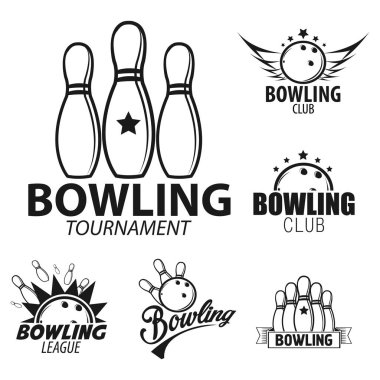 Oyun ekipmanlarıyla bovling kulübü logosu. Bowling topu lobutlara, yıldızlara, kanatlara, kurdelelere ve metinlere atıldı. Atış, hedef aktivite turnuvası. Beyaz arkaplanda grafiksel vektör çizimleri.