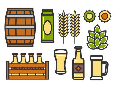 Bar, bar, bira fabrikası için bira, bira ikonu. Fıçı, kutu ve cam bardak alkollü içecek, tahta kutuda şişeler ya da sandıklar. Arpa, çavdar bitkisi. Beyaz arkaplan üzerinde grafik vektör illüstrasyonu.