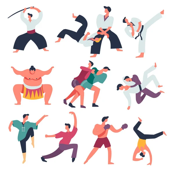 Oriental Fight Art Isolated Characters Fighting Sportsmen Vector Iaido Aikido — Stock Vector