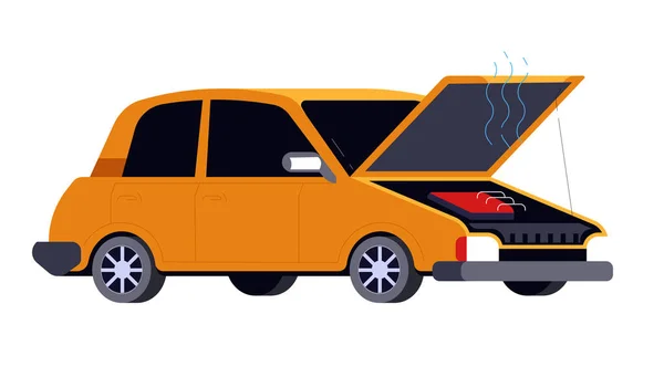 Auto Ongeluk Kapot Voertuig Met Open Kap Rook Verkeersongeluk Geïsoleerd — Stockvector