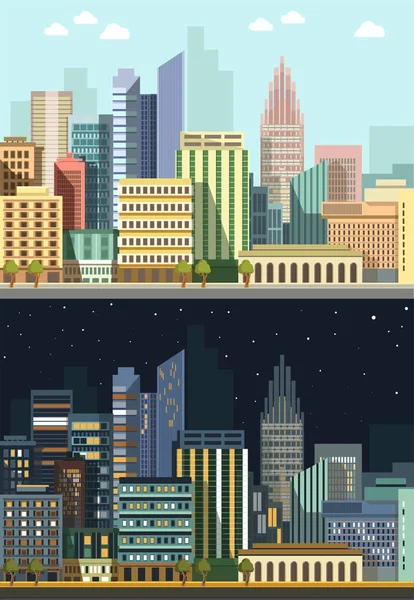 Paisajes Urbanos Diurnos Paisaje Urbano Matutino Diurno Nocturno Vector Edificios — Vector de stock