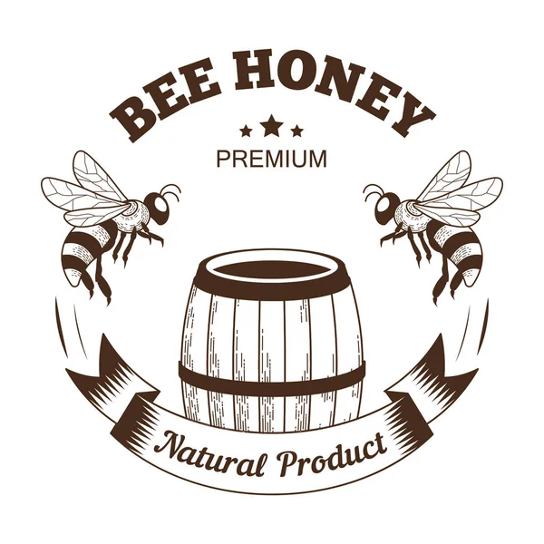 蜂蜜天然製品絶縁アイコン リンゴと養蜂ラベルベクトル ミツバチやバレル 自然生産のロゴやエンブレムを飛んで ファームフード 有機栄養 昆虫や動物の繁殖 — ストックベクタ