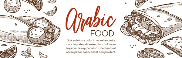 Arabe Restaurant Nourriture Café Menu Croquis Bannière Vecteur Donateur Kebab — Image vectorielle