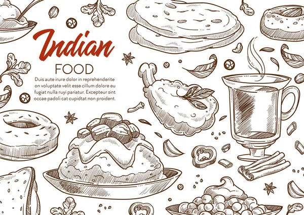 Ινδικό Φαγητό Ινδία Κουζίνα Εστιατόριο Μενού Σκίτσο Αφίσα Διάνυσμα Κοτόπουλο — Διανυσματικό Αρχείο