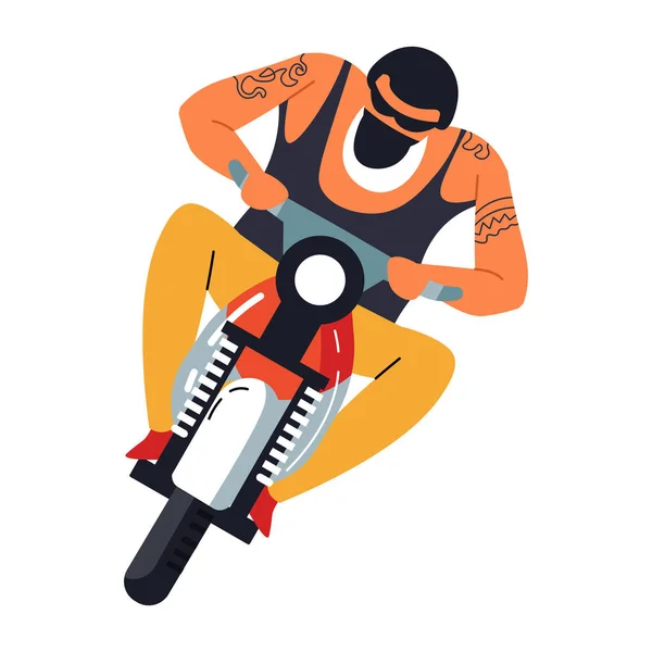 Motociclista Moto Carretera Vista Frontal Hombre Barba Masculina Con Tatuajes — Vector de stock
