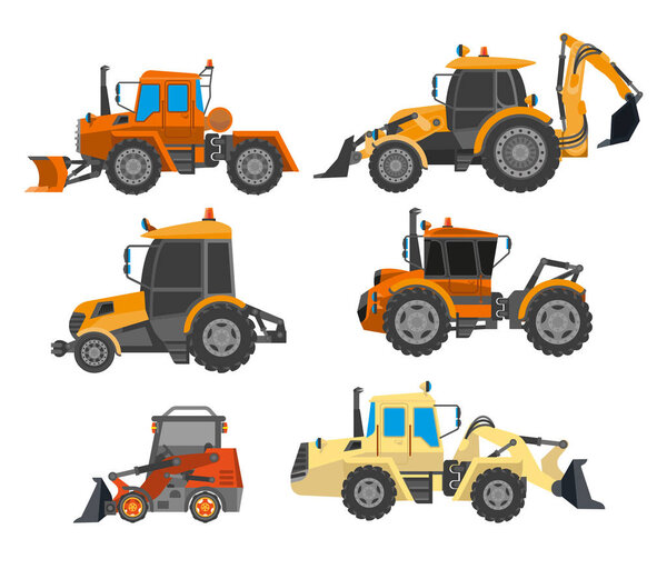 Excavator trucks, heavy machinery vehicles set. Tractor, bulldozer, truck with backhoe loader or long blade grader. Mining or farming equipment and transport. Vector illustration on white background.