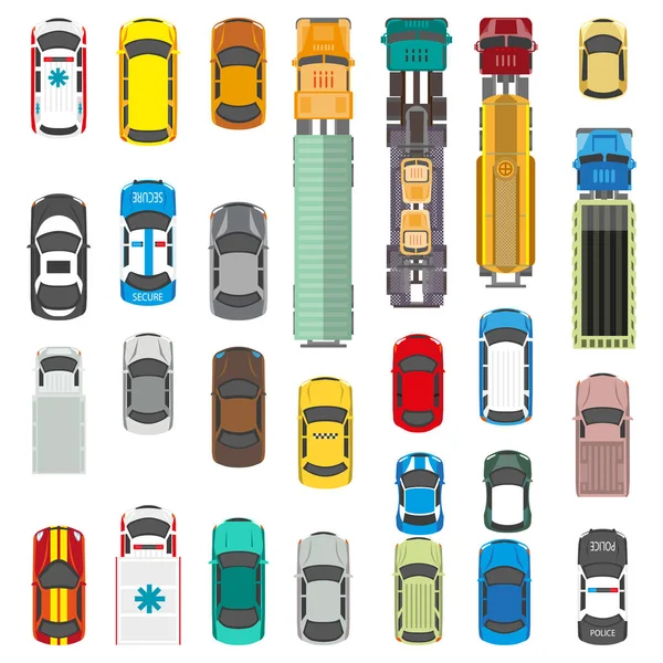 Cars Trucks Top View Transport Vehicles Collection Car Carrier Ambulance — Stock Vector