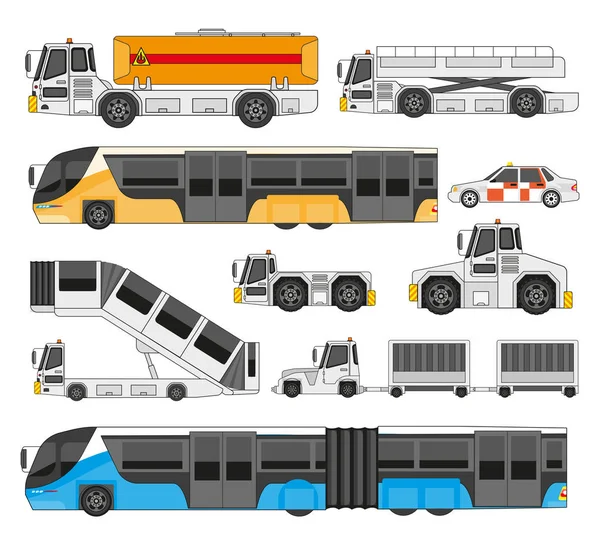 Vrachtwagens Zijaanzicht Brandstof Vliegtuigen Catering Truck Buigzame Bus Gelede Vrachtwagen — Stockvector