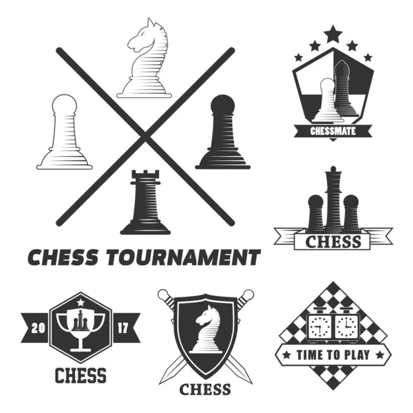 Satranç Turnuvası Logosu Strateji Tahtası Oyunu Kale Piyon Fil Parçaları — Stok Vektör