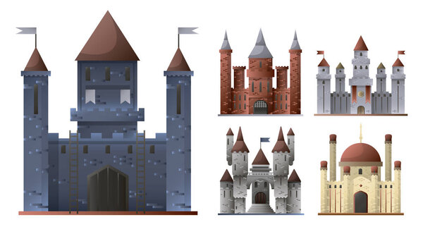 Средневековый замок, крепости иконы с воротами и флагами. Старые укрепленные сооружения, дворянская резиденция, европейские исторические архитектурные здания, башни в сером, синем и коричневом. Векторная иллюстрация
.