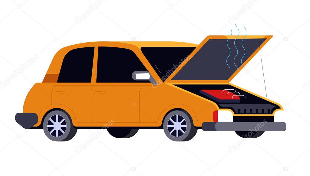 Car crash, broken vehicle with open hood and smoke, road accident isolated icon vector. Wreckage or careless driving, mechanical system breakdown. Engine failure or motor overheat, transport collision