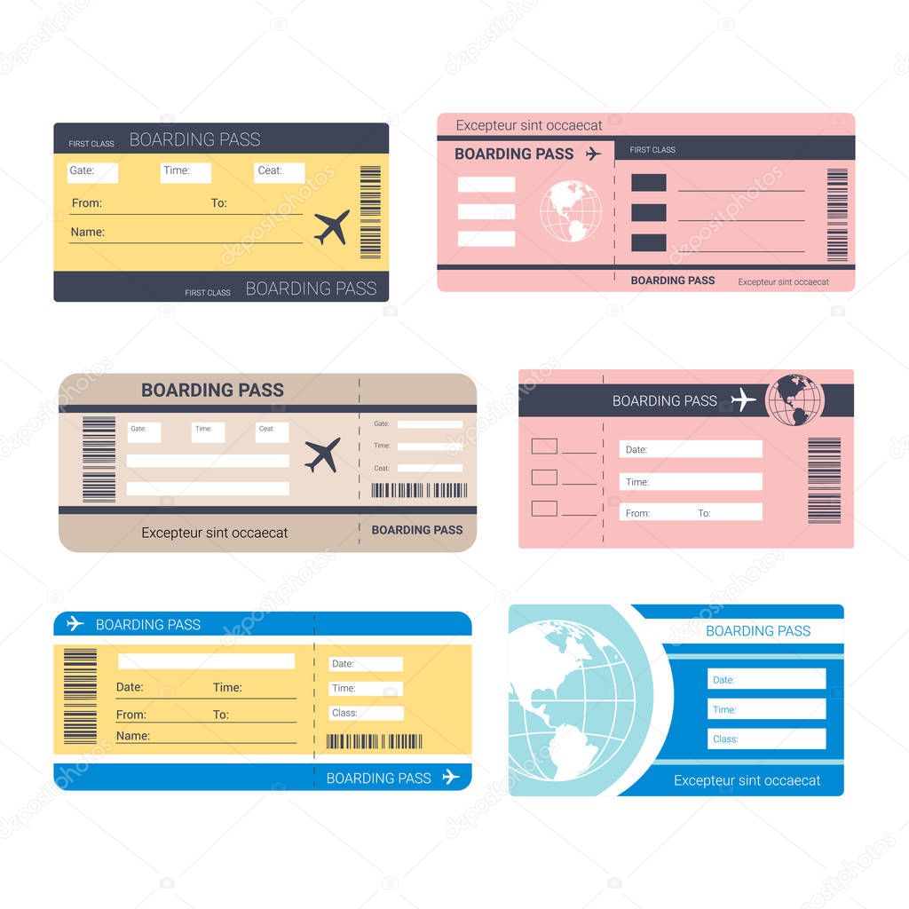 Airplane traveling tickets or boarding passes isolated icons vector. Plane board access or admission, journey or business trip, Earth planet symbol. Vacation abroad, tourism and aircraft embarking