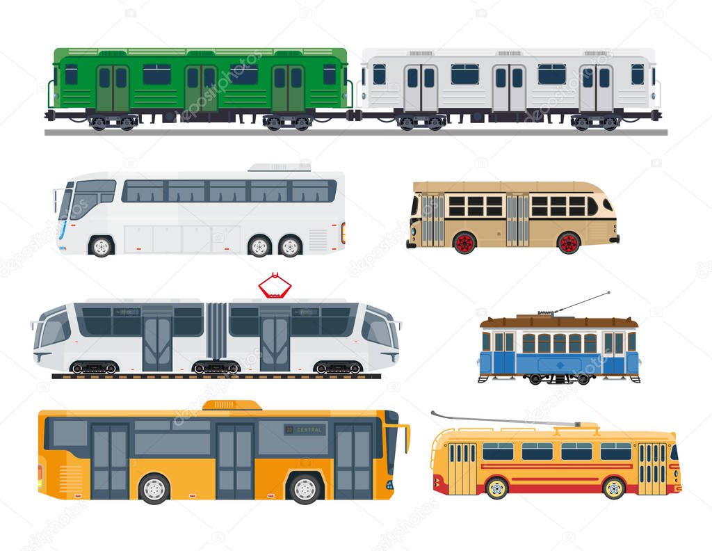 Railroad train, trolleybus. Public transit transportation set, side view. Streetcar, fast tram, city passenger transport with trolley poles. Road vehicles or freight traffic vector illustrations.