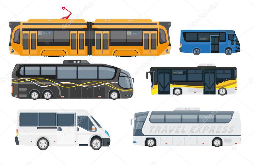 Travel express and shuttle buses set, side view. Long distance trip public transport vehicles with passenger doors for highway road. Vector illustrations, isolated on white background. 