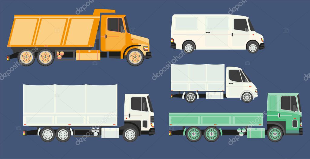 Trucks collection, side view. Orange dumper, white van or lorry, green flat nosed flatbed truck. Logistics and freight transportation vehicles, heavy machinery themed graphic vector illustration.