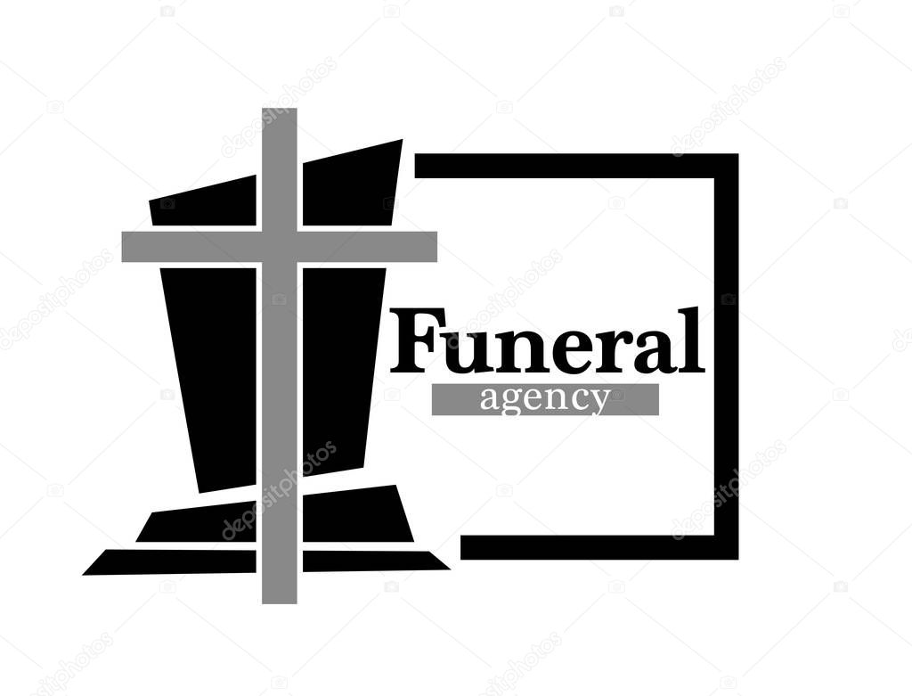 Funeral agency logo. Headstone over grave with cross and text in black frame. Memorial services, burial. Graphic vector illustration, isolated on white background.