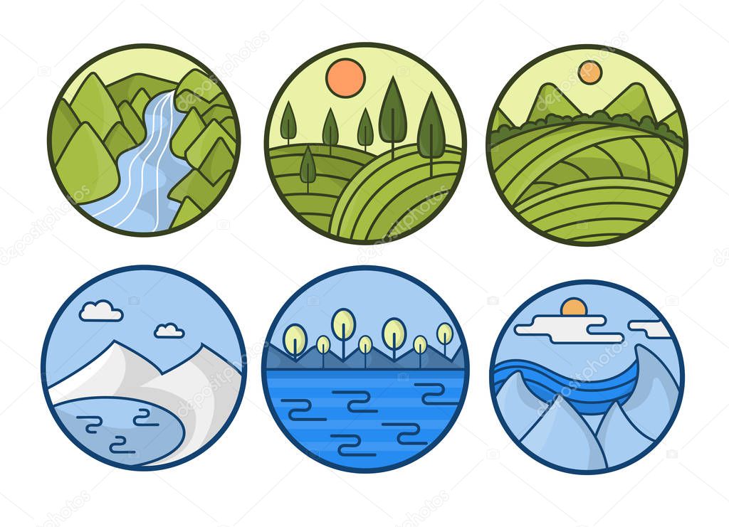 Abstract picturesque landscapes and seascapes in circle icons. Green fields with trees, river, lake in snowy mountains, blue sea waters. Nature and marine art, set of six linear vector illustrations.