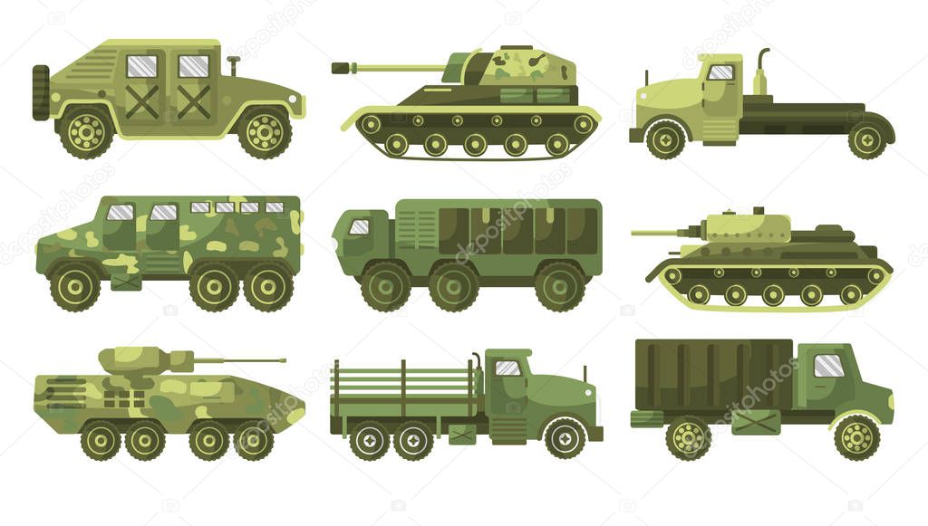 Tanks, armoured trucks collection, side view. Armament mounted in a turret. Army transport, camouflage vehicle, military equipment and land forces heavy machinery set. Graphic vector illustration.