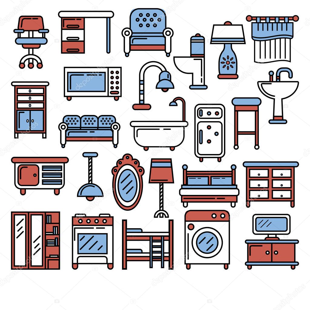 Furniture icons collection. Interior design furnishing and decor items for kitchen, bathroom, living room or bedrooms. Linear graphic vector illustration in brown, blue colors on white background. 