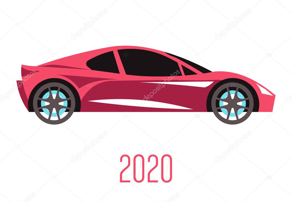 Sedan car, side view. Sport style, luxurious model, 2020 year of production. Cars manufacturing evolution. Automobile industry, transport vehicle. Vector illustration isolated on white background.