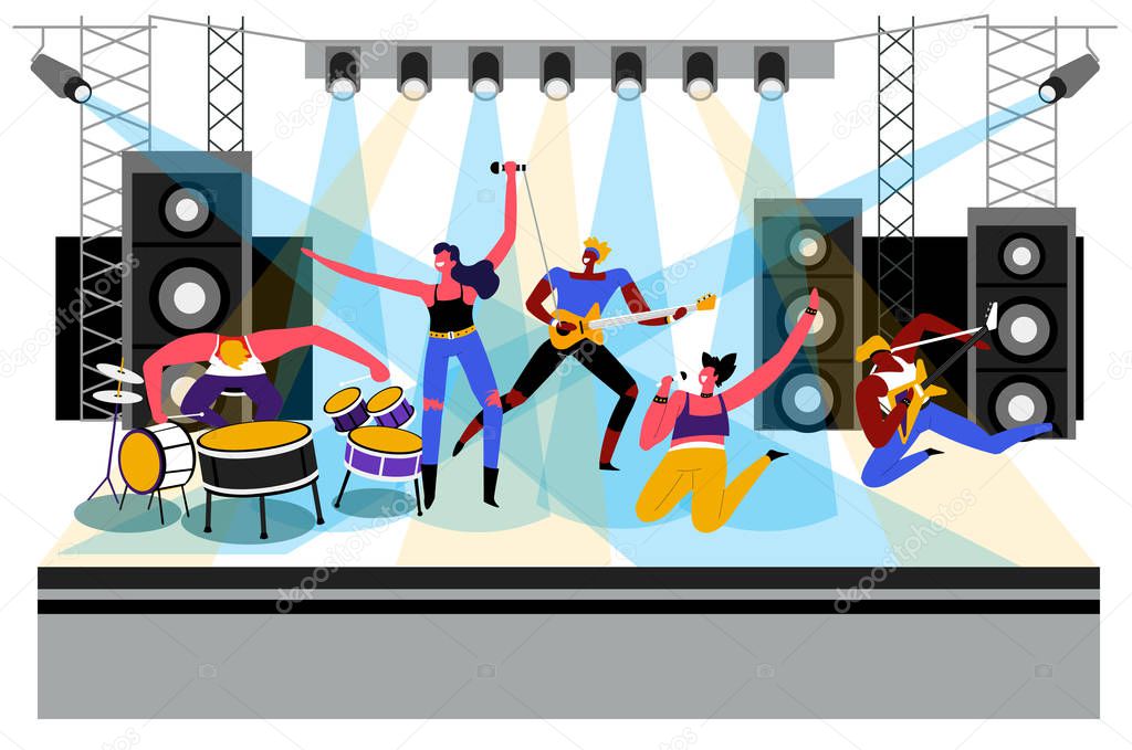 Music concert, rock band performing on stage live. Female vocalists, guitarists with electric bass guitars and drummer. Musical equipment, loudspeakers, lights. Colorful graphic vector illustration.