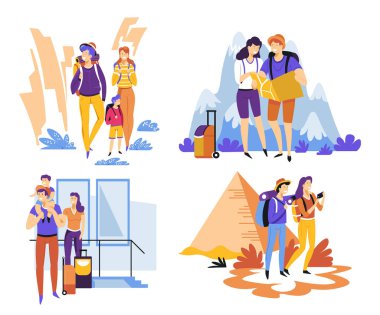 Çocuklu bir çift sırt çantaları ve gezi gezileri yapıyor. 