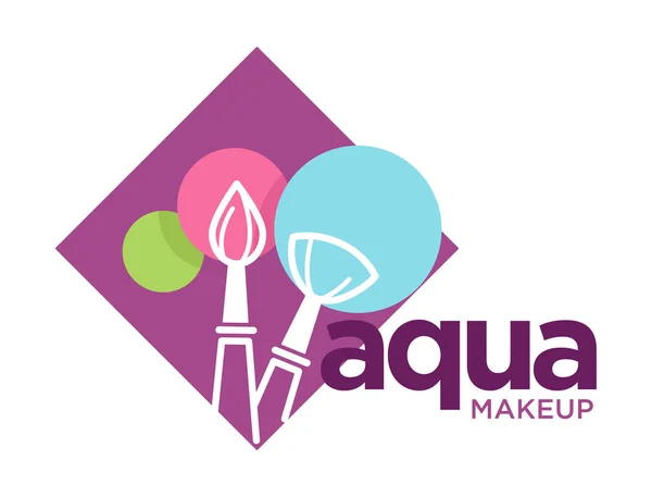 Logo Aqua make-upu s kosmetickými kartáčky a kulatými barevnými náplastmi — Stockový vektor