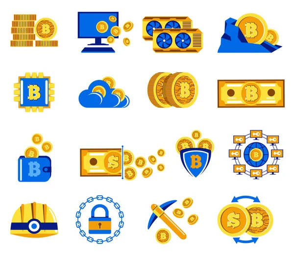 Bitcoin colección de iconos para la minería criptomoneda y el intercambio — Archivo Imágenes Vectoriales