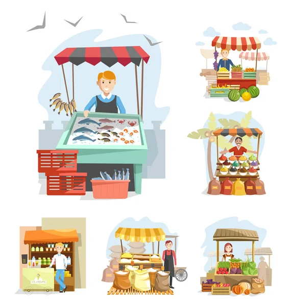 Farm market stands and booths with vendors offering various prod — Stock Vector