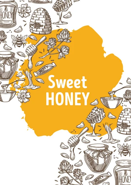 Banner de miel dulce con ilustraciones dibujadas a mano y estai amarillo — Vector de stock