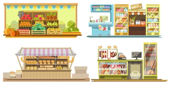 Cabinas de comida o interiores de supermercados con productos en exhibición — Vector de stock