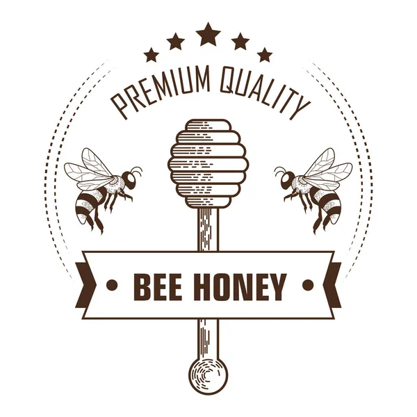 Bee honung premium kvalitet förpackning etikett med trä dipper — Stock vektor