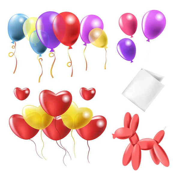 Kolorowe balony powietrzne w kształcie serca i psa z kartą — Wektor stockowy