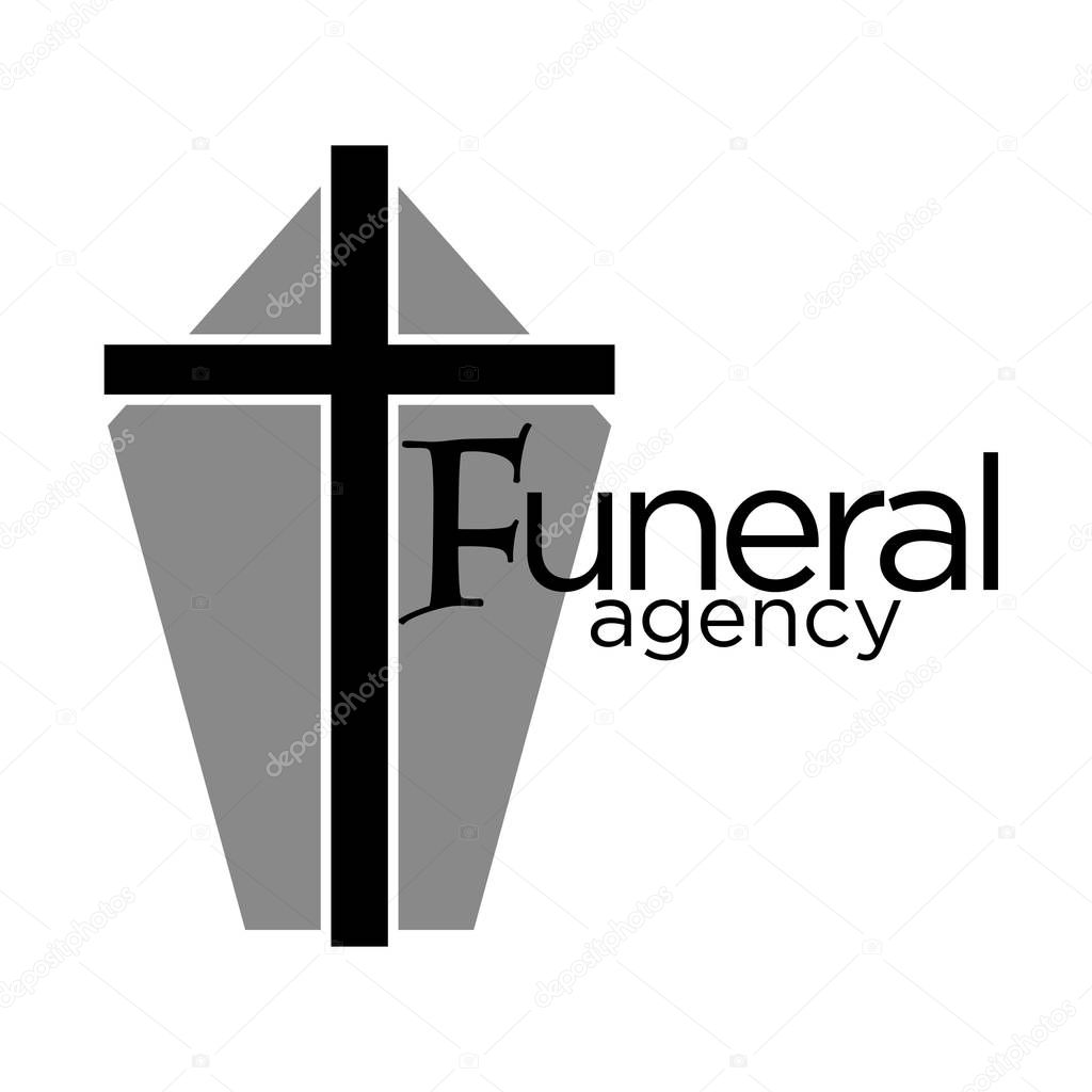 Funeral agency logo. Grey coffin casket with cross icon on top and text in black. Memorial, burial professional services. Graphic vector illustration isolated on white background.