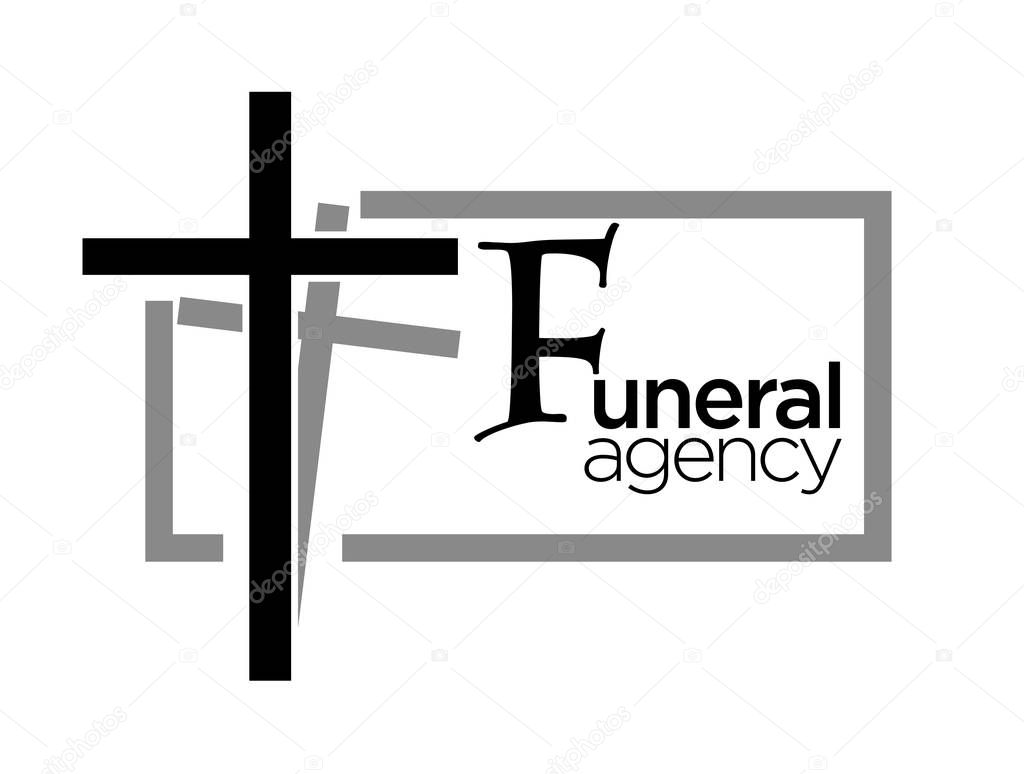 Funeral agency logo. Cross with shadow and logotype text in grey frame. Memorial professional services, burial. Graphic vector illustration isolated on white background.