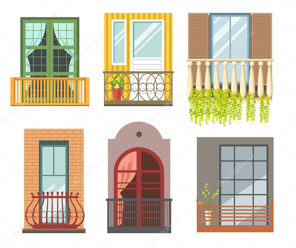Balconies in different styles with cast iron or stone railings