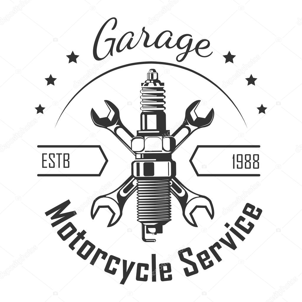 Garage motorcycle service logo. Motorbikes pistons, spanner tool and stars with text. Transport vehicle maintenance and repair emblem design. Graphic vector illustration on white background.