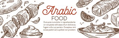 Arabic food and middle eastern cuisine dishes banner with text 