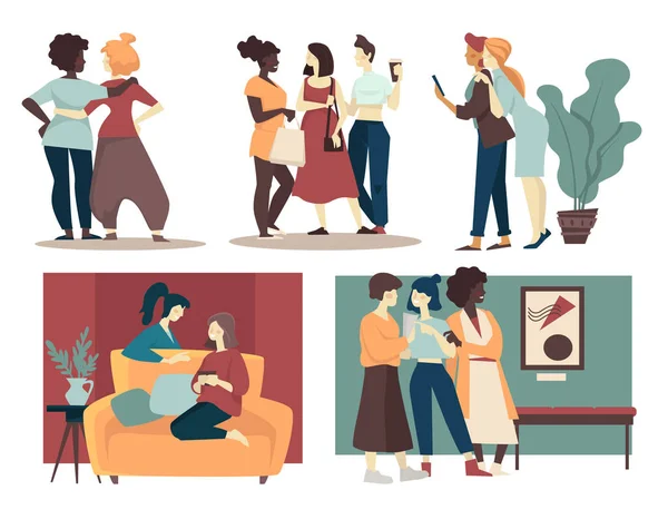 Grupo de amigas pasan tiempo juntas al aire libre y en interiores — Vector de stock