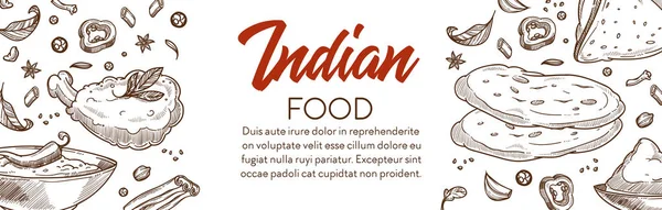 Ινδικό φαγητό και κουζίνα διάφορα πιάτα γραφικό πανό με κείμενο — Διανυσματικό Αρχείο