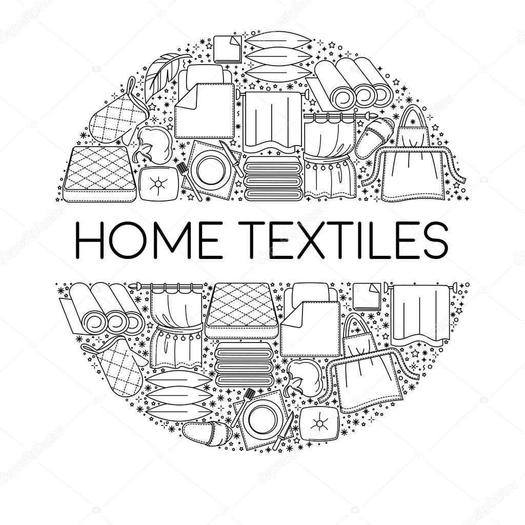 Home textiles items icons collection set in circle with text