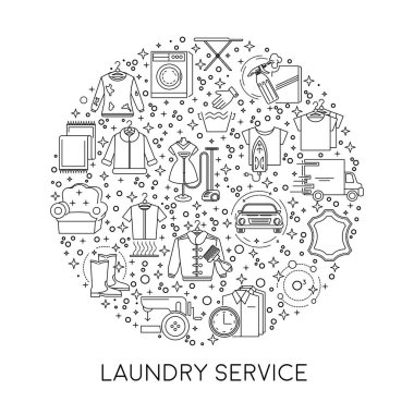 Kuru temizleme, çamaşır yıkama hattı simgeleri, çamaşırhane ekipmanları vektörü. Çamaşır makinesi, giysi ve ayakkabı, ütü ve buhar yapan giysiler. Elbise askısı, ev kimyası, çamaşır tozu ve sepet.