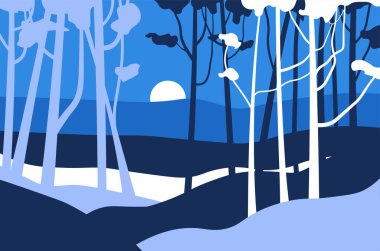 Gece manzarası dağları, ağaçlar, orman tepeleri ve vadi vektörü. Gün doğumunda ya da batımında vahşi doğa, kayaların arkasında ay, manzara ya da sahne. Seyahat yaz, macera ve gece, orman flora gölgeleri