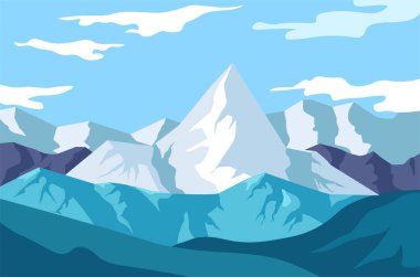 Dağlar, karlı kayalar ve topuklar, vahşi doğa vektörü. Toprak ve kırsal manzara, buzlu dağ zirvesi, seyahat ve turizm, yürümek veya tırmanmak. Kayak ve snowboard merkezi, Japonya ya da İsviçre