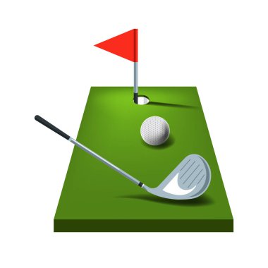 Spor kulübü, golf sahası ve izole edilmiş ikon vektörler. Saha ve sopa, top ve delik, şampiyonluk ya da turnuva, golf. Çayır ve spor ekipmanları, boş zaman aktivitesi ve eğlence