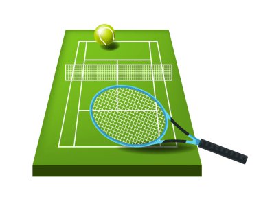 Tenis topu ve roket ya da ağ, spor ya da fitness, izole edilmiş ikon vektörü etkinliği. Oyun ekipmanları, korttaki çimenler, dışarıda oyun alanı, şampiyonluk. Ögeleri eşleştir ve oyun yüzeyi, spor ekipmanları