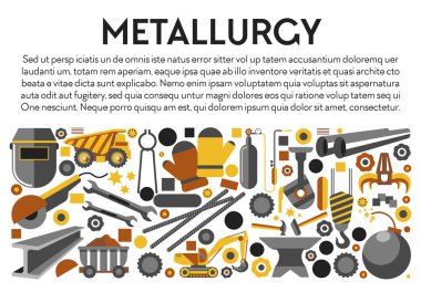 Metal ürünler, metalürji sanayi afişi, demir madenciliği araçları, izole ikon vektörü. Kamyon ve araba, kazıcı ve eritme aparatı. Tamirci pençesi ve kaynak maskesi, örs çekici ve İngiliz anahtarı.