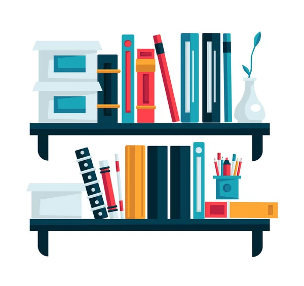 学習室や図書館 オフィスの棚 孤立したアイコンベクトルのための本棚 読書本 リビングルームの本棚 文学を保存します カップの屋内植物や文房具用品 — ストックベクタ